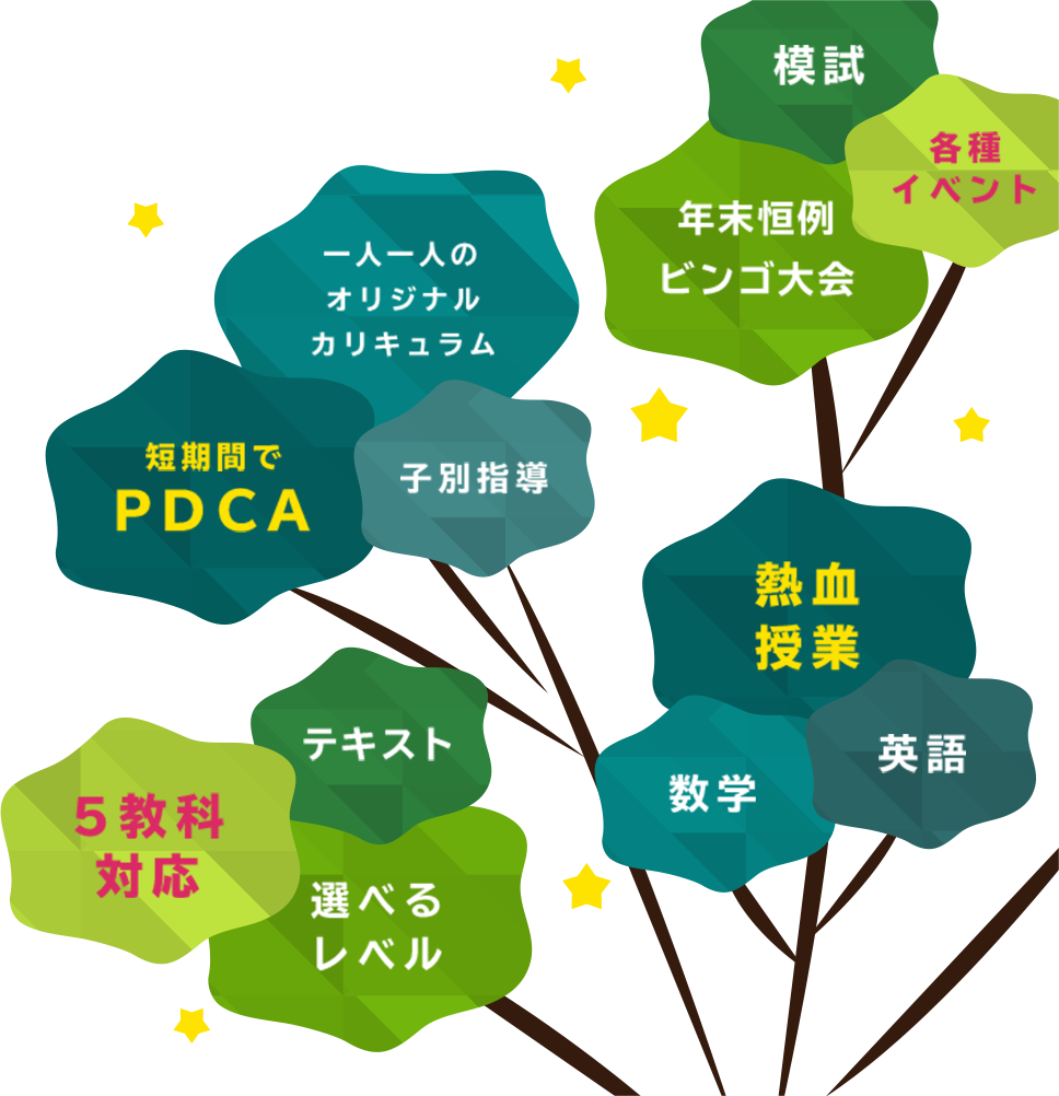 一人一人のオリジナルカリキュラム 短期間でPDCA 子別指導 模試 各種イベント 年末恒例ビンゴ大会 熱血授業 数学 英語 5教科対応 テキスト 選べるレベル